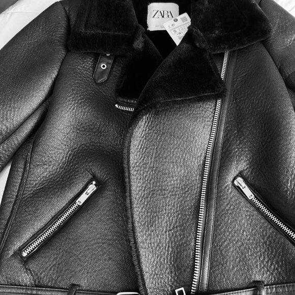 ZARA BLACK FAUX LEATHER SHEARLING FUR DOUBLE FACED BIKER JACKET AVIATOR COAT - Picture 7 of 10